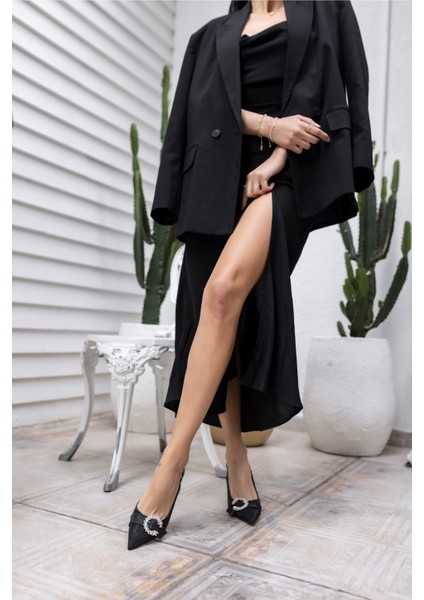 Shıne Kadın Gumus Kaz Ayagı Desen Topuklu Ayakkabi