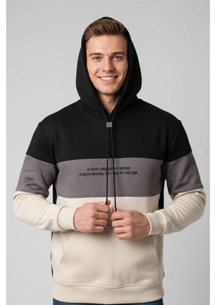 Erkek Siyah-Gri Dar Kesim Süet Kumaş Sweatshirt – Kapüşonlu & Şık Tasarım Sweatshirt 2608510