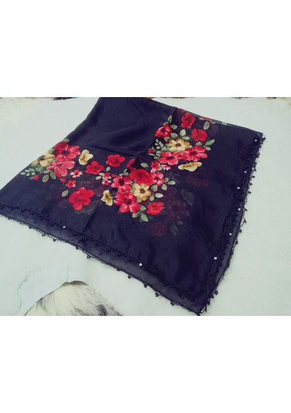 El Emeği Kenarı Inci Kum Boncuklu Yazma Tülbent Yemeni Çeyizlik Hediyelik 100X100CM