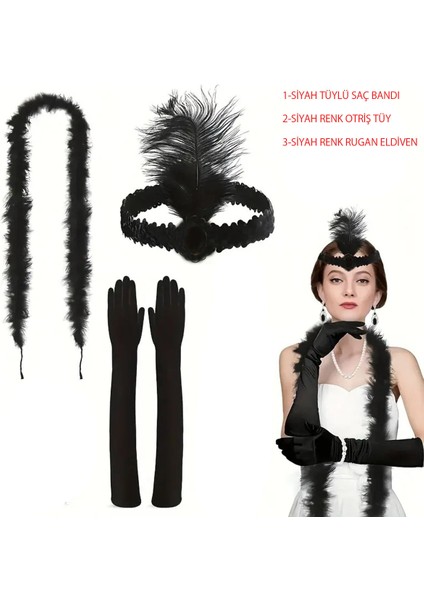 1920’ler Tarzı Siyah Tüylü Saç Bandı, Rugan Siyah Eldiven ve Siyah Otri̇ş Seti