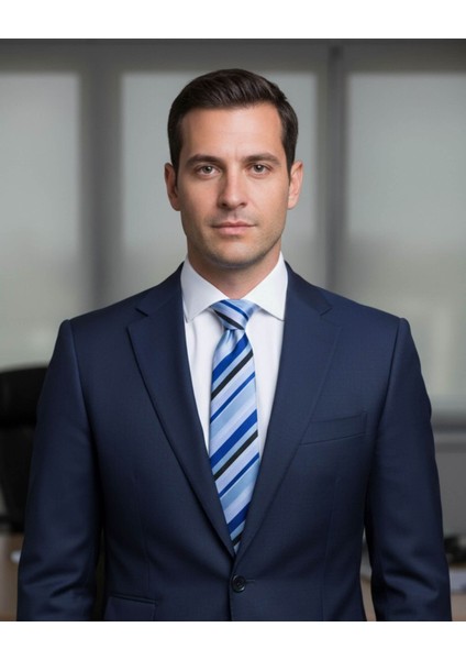 Mavi Çizgili 7,5 cm Genişliğinde Ipek Kravat