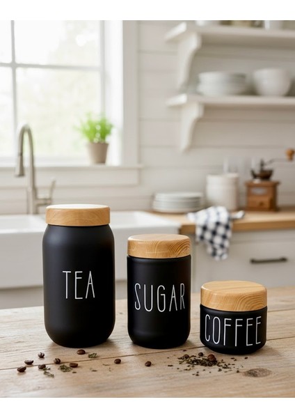 3’lü Siyah & Beyaz Cam Kavanoz Seti - Ahşap Desen Kapaklı – Çay, Kahve, Şeker ve Baharat Saklama Kabı 330 cc - 660 cc - 1000 cc
