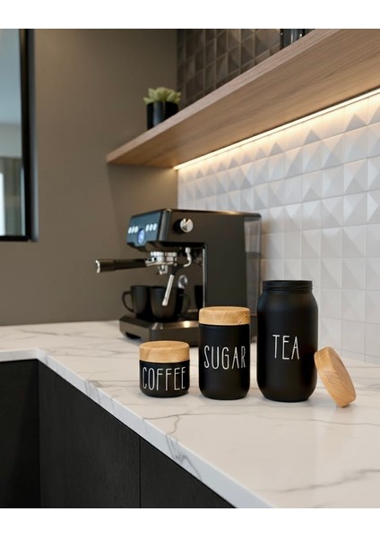 3’lü Siyah & Beyaz Cam Kavanoz Seti - Ahşap Desen Kapaklı – Çay, Kahve, Şeker ve Baharat Saklama Kabı 330 cc - 660 cc - 1000 cc fırsatları