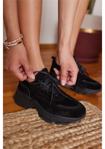 Olivia Kadin Siyah Gercek Deri Suet Garnılı Sneaker