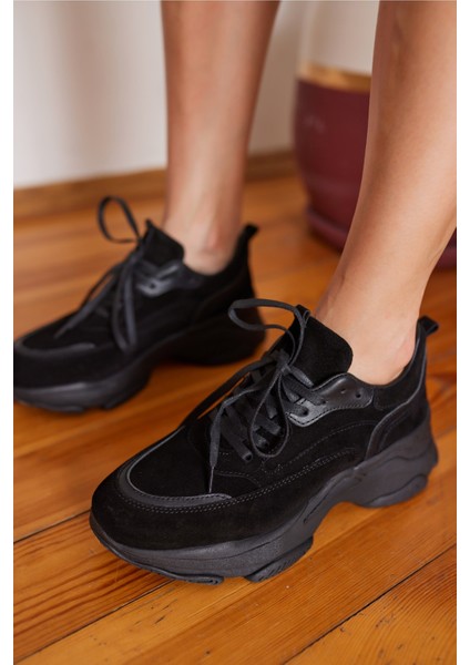 Olivia Kadin Siyah Gercek Deri Suet Garnılı Sneaker