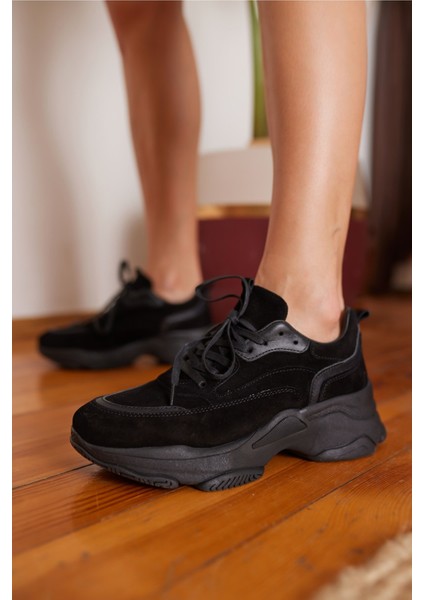 Olivia Kadin Siyah Gercek Deri Suet Garnılı Sneaker