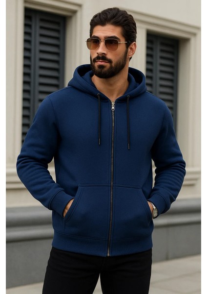 Erkek Kışlık Oversize Mavi Kapsonlu Fermuarli Sweat