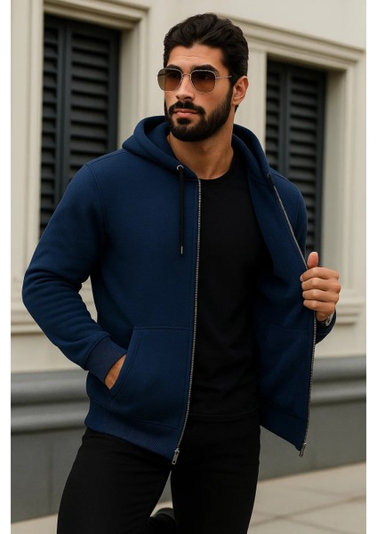 Erkek Kışlık Oversize Mavi Kapsonlu Fermuarli Sweat fırsatları