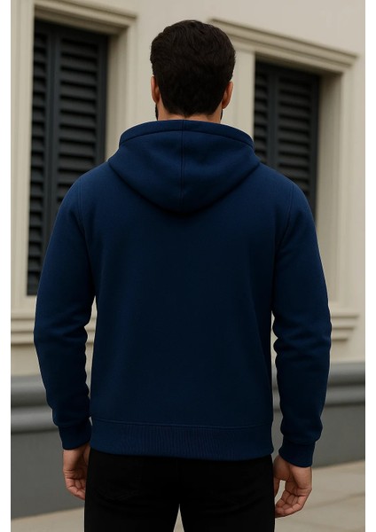 Erkek Kışlık Oversize Mavi Kapsonlu Fermuarli Sweat