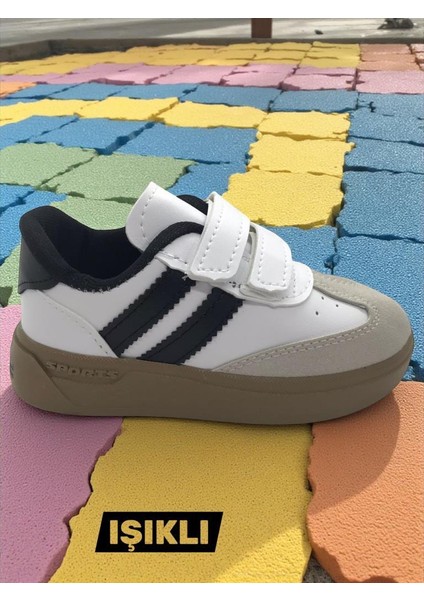 Günlük Unisex Çocuk Şeritli Siyah Beyaz Işıklı Sneaker Cırtlı Hafif Rahat Spor Ayakkabı