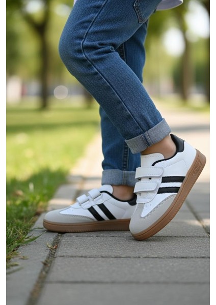 Günlük Unisex Çocuk Şeritli Siyah Beyaz Işıklı Sneaker Cırtlı Hafif Rahat Spor Ayakkabı fiyatları
