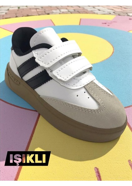 Günlük Unisex Çocuk Şeritli Siyah Beyaz Işıklı Sneaker Cırtlı Hafif Rahat Spor Ayakkabı fırsatları