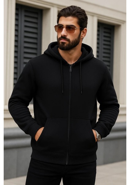 Erkek Kışlık Oversize Siyah Kapsonlu Fermuarli Sweat modelleri