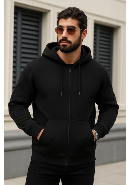 Erkek Kışlık Oversize Siyah Kapsonlu Fermuarli Sweat fırsatları