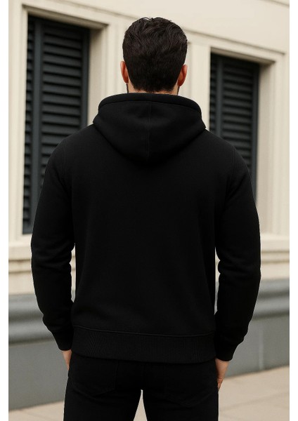 Erkek Kışlık Oversize Siyah Kapsonlu Fermuarli Sweat