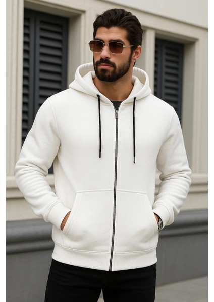 Erkek Kışlık Oversize Beyaz Kapsonlu Fermuarli Sweat