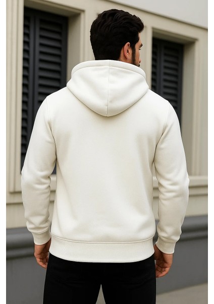 Erkek Kışlık Oversize Beyaz Kapsonlu Fermuarli Sweat