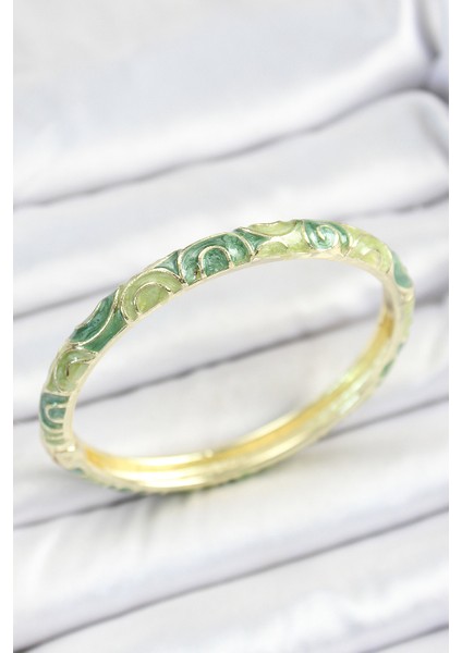 Mineli Pirinç Yeşil Sarmal Desenli Gold Renk Kadın Kelepçe