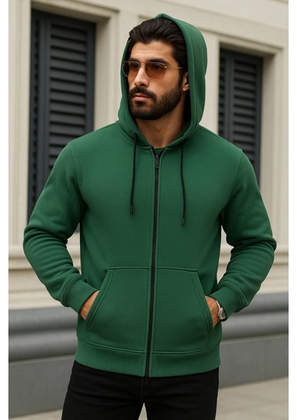 Erkek Kışlık Oversize Yeşil Kapsonlu Fermuarli Sweat