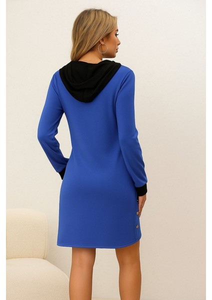 Kadın Uzun Kollu Kapşonlu Önden Fermuarlı Düğmeli Mini Iki Iplik Elbise modelleri