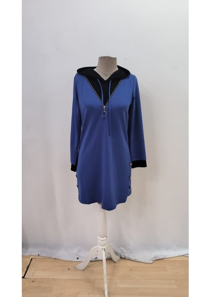 Kadın Uzun Kollu Kapşonlu Önden Fermuarlı Düğmeli Mini Iki Iplik Elbise fırsatları