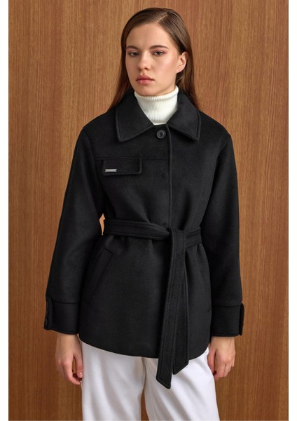 Gömlek Yaka Kuşak Detaylı Oversize Kısa Kaban SİYAH 3155 fiyatları