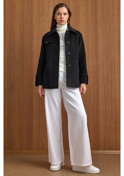 Gömlek Yaka Kuşak Detaylı Oversize Kısa Kaban SİYAH 3155 indirimleri