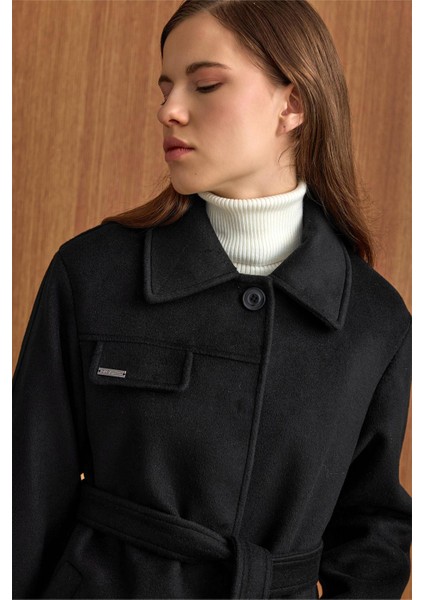 Gömlek Yaka Kuşak Detaylı Oversize Kısa Kaban SİYAH 3155