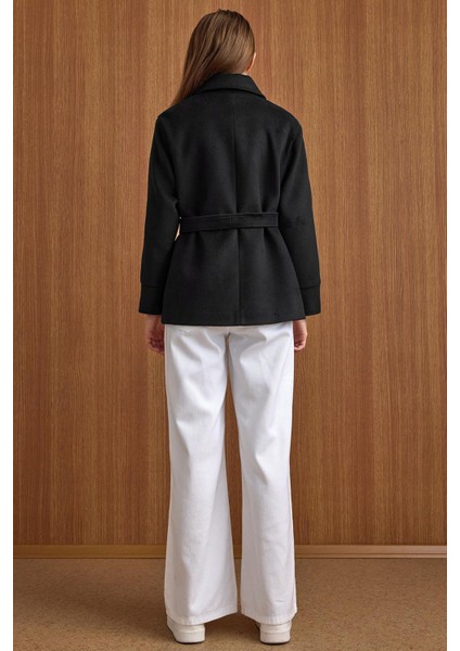 Gömlek Yaka Kuşak Detaylı Oversize Kısa Kaban SİYAH 3155