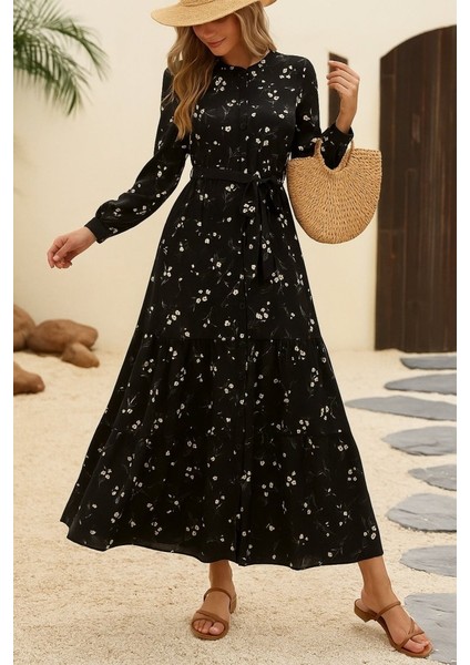 Kadın Uzun Kollu Hakim Yakalı Düğmeli Kuşaklı Desenli Maxi Mikro Süprem Elbise