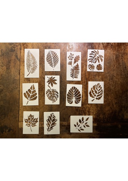 Baskı Yaprak Desenli Boyama Şablonu Seti – 11 Farklı Model | Doğal Dokulu Dekor ve Hobi Şablonu