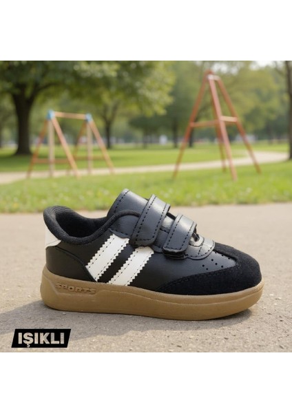 Günlük Unisex Çocuk Şeritli Siyah Beyaz Işıklı Sneaker Cırtlı Hafif Rahat Spor Ayakkabı