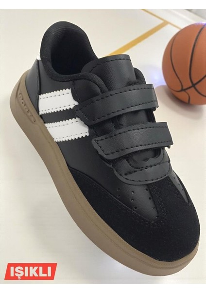 Günlük Unisex Çocuk Şeritli Siyah Beyaz Işıklı Sneaker Cırtlı Hafif Rahat Spor Ayakkabı fiyatları