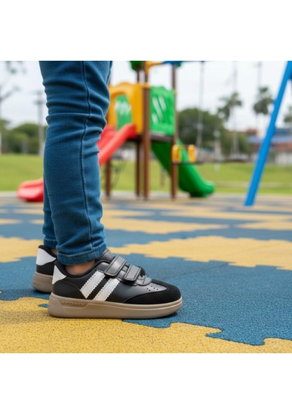 Günlük Unisex Çocuk Şeritli Siyah Beyaz Işıklı Sneaker Cırtlı Hafif Rahat Spor Ayakkabı modelleri