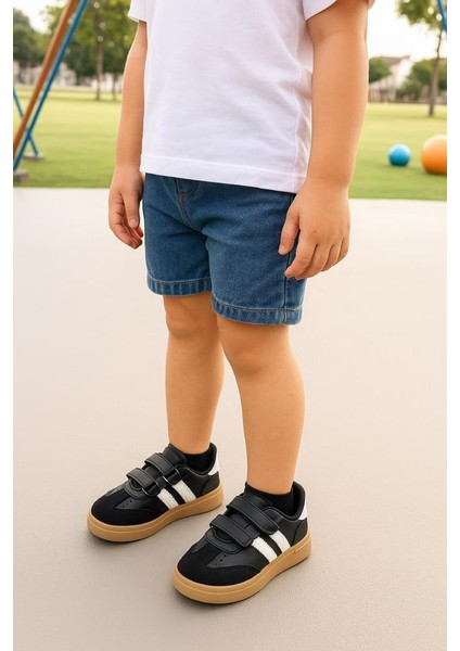 Günlük Unisex Çocuk Şeritli Siyah Beyaz Işıklı Sneaker Cırtlı Hafif Rahat Spor Ayakkabı fırsatları