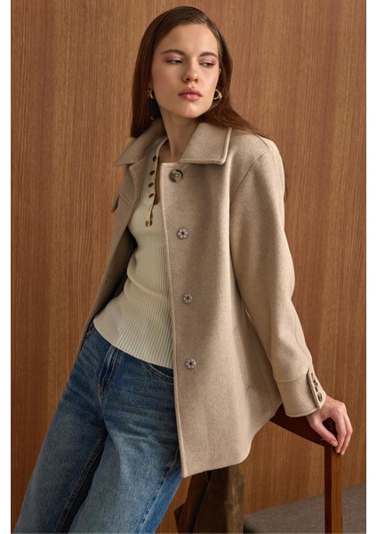 Gömlek Yaka Kuşak Detaylı Oversize Kısa Kaban TAŞ 3155