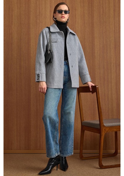 Gömlek Yaka Kuşak Detaylı Oversize Kısa Kaban AÇIK GRİ 3155