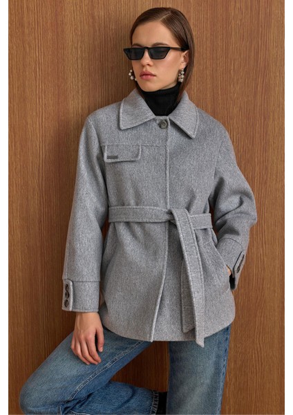 Gömlek Yaka Kuşak Detaylı Oversize Kısa Kaban AÇIK GRİ 3155 indirimleri