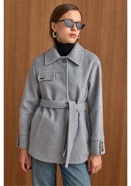 Gömlek Yaka Kuşak Detaylı Oversize Kısa Kaban AÇIK GRİ 3155