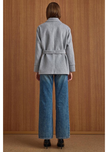 Gömlek Yaka Kuşak Detaylı Oversize Kısa Kaban AÇIK GRİ 3155