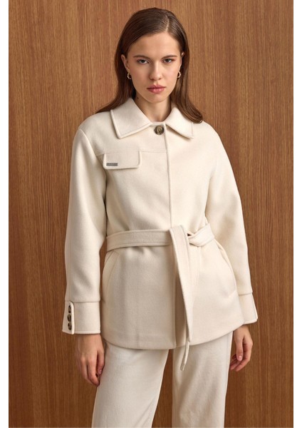 Gömlek Yaka Kuşak Detaylı Oversize Kısa Kaban EKRU 3155