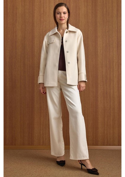 Gömlek Yaka Kuşak Detaylı Oversize Kısa Kaban EKRU 3155 fiyatları