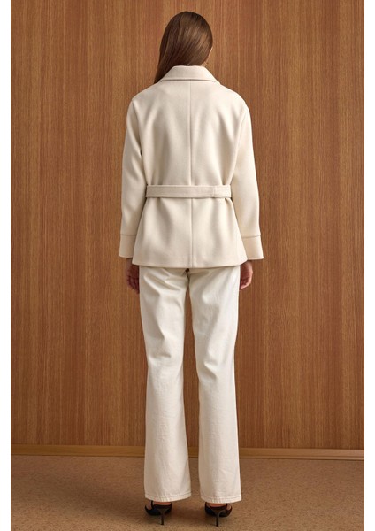 Gömlek Yaka Kuşak Detaylı Oversize Kısa Kaban EKRU 3155