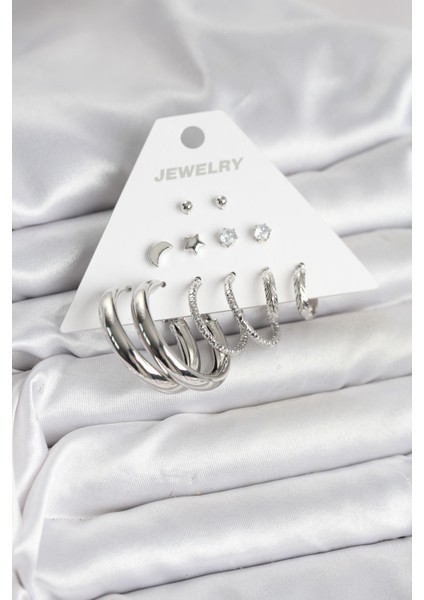 Pirinç Gümüş Renk Halka Modelli 6 Çift Kadın Küpe - TJ-BKP11335