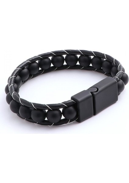 Mat Oniks Taşı Örmeli Deri Bileklik 31682B2D8M7