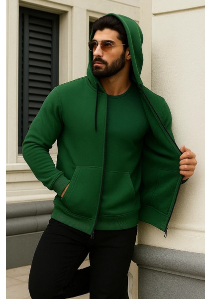 Erkek Kışlık Oversize Yeşil Kapsonlu Fermuarli Sweat modelleri