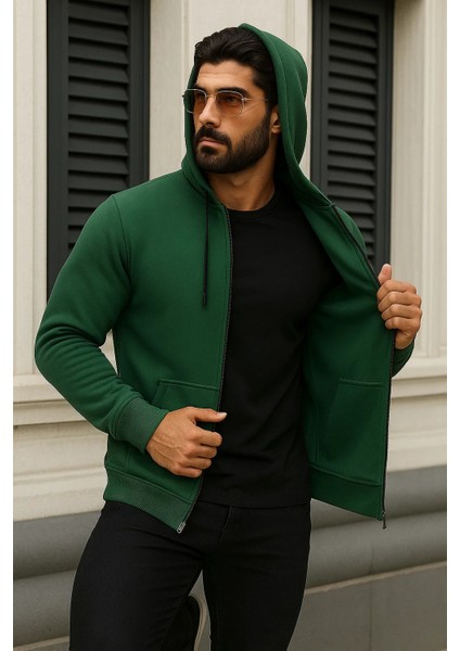 Erkek Kışlık Oversize Yeşil Kapsonlu Fermuarli Sweat fırsatları