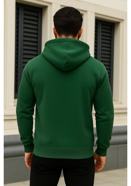 Erkek Kışlık Oversize Yeşil Kapsonlu Fermuarli Sweat