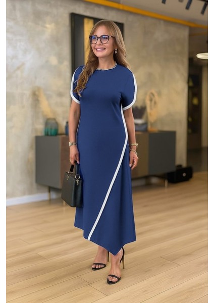 Kadın Kısa Kollu Bisiklet Yaka Çift Şerit Renk Detaylı Asimetrik Kesim Viskon Iki Iplik Elbise fiyatları