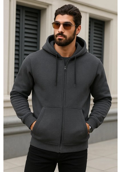 Erkek Kışlık Oversize Füme Kapsonlu Fermuarli Sweat
